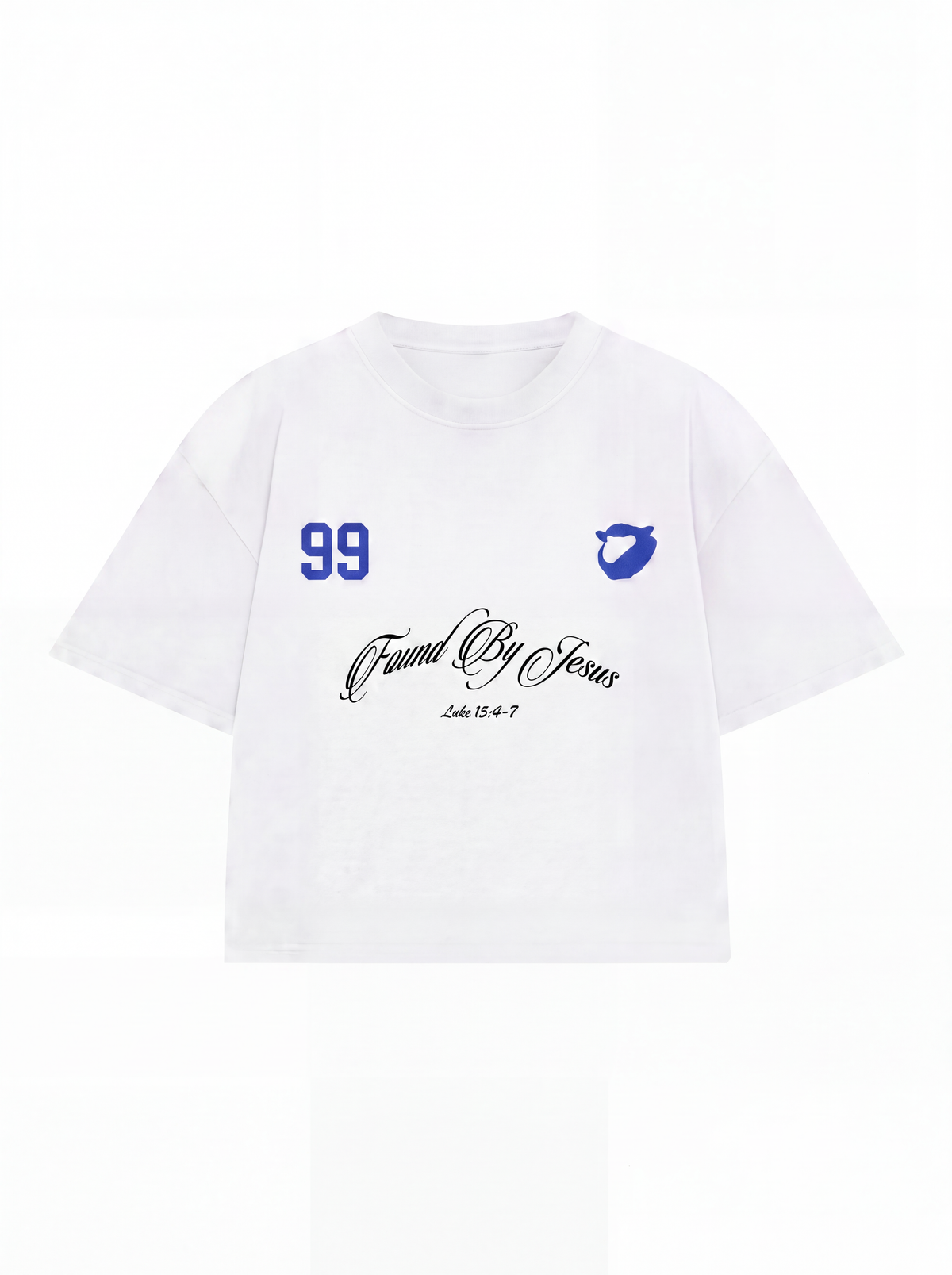 Camiseta boxy "FOUND BY JESUS" off-white/azul